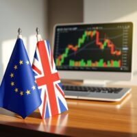 EUR/GBP currency pair analysis with EU and UK flags in trading environment