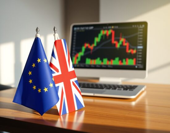 EUR/GBP currency pair analysis with EU and UK flags in trading environment