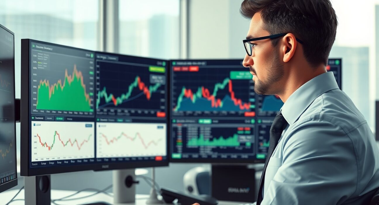 Financial analyst examining EUR/GBP exchange rate and energy market data in professional trading environment