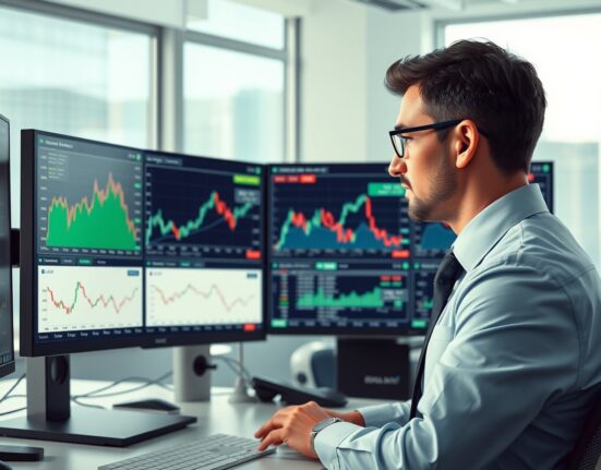 Financial analyst examining EUR/GBP exchange rate and energy market data in professional trading