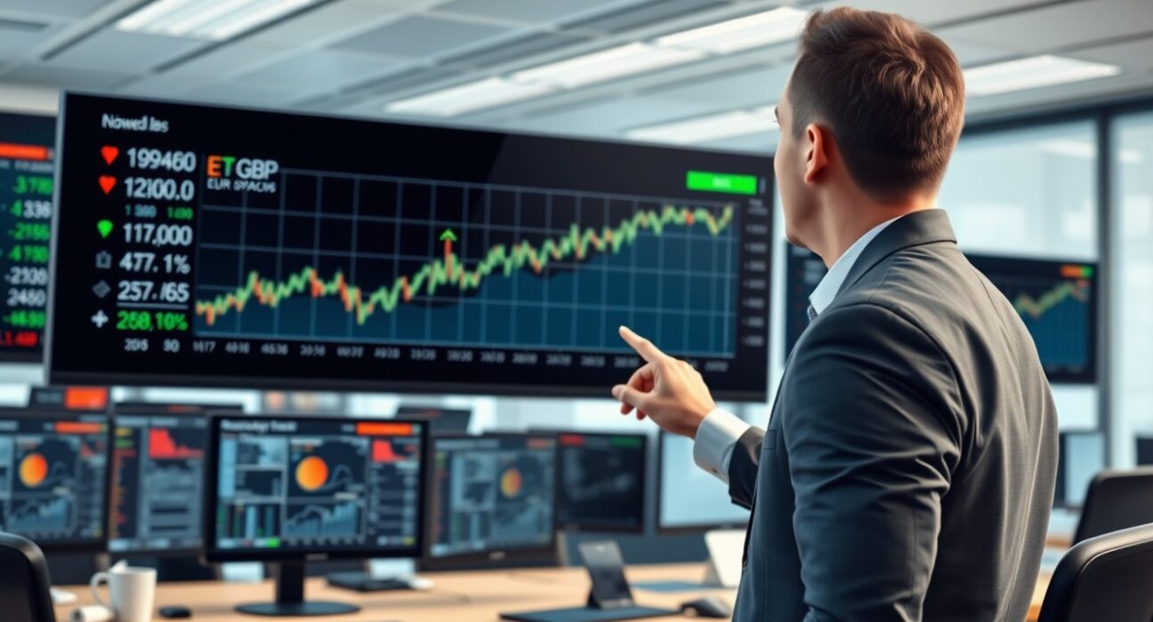 Financial analyst reviews EUR/GBP exchange rate chart highlighting political and inflation factors.