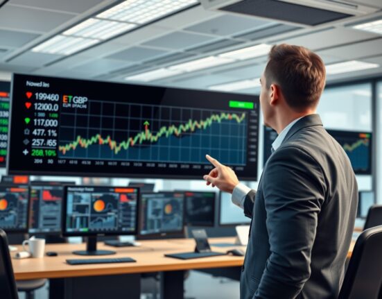 Financial analyst reviews EUR/GBP exchange rate chart highlighting political and inflation factors.