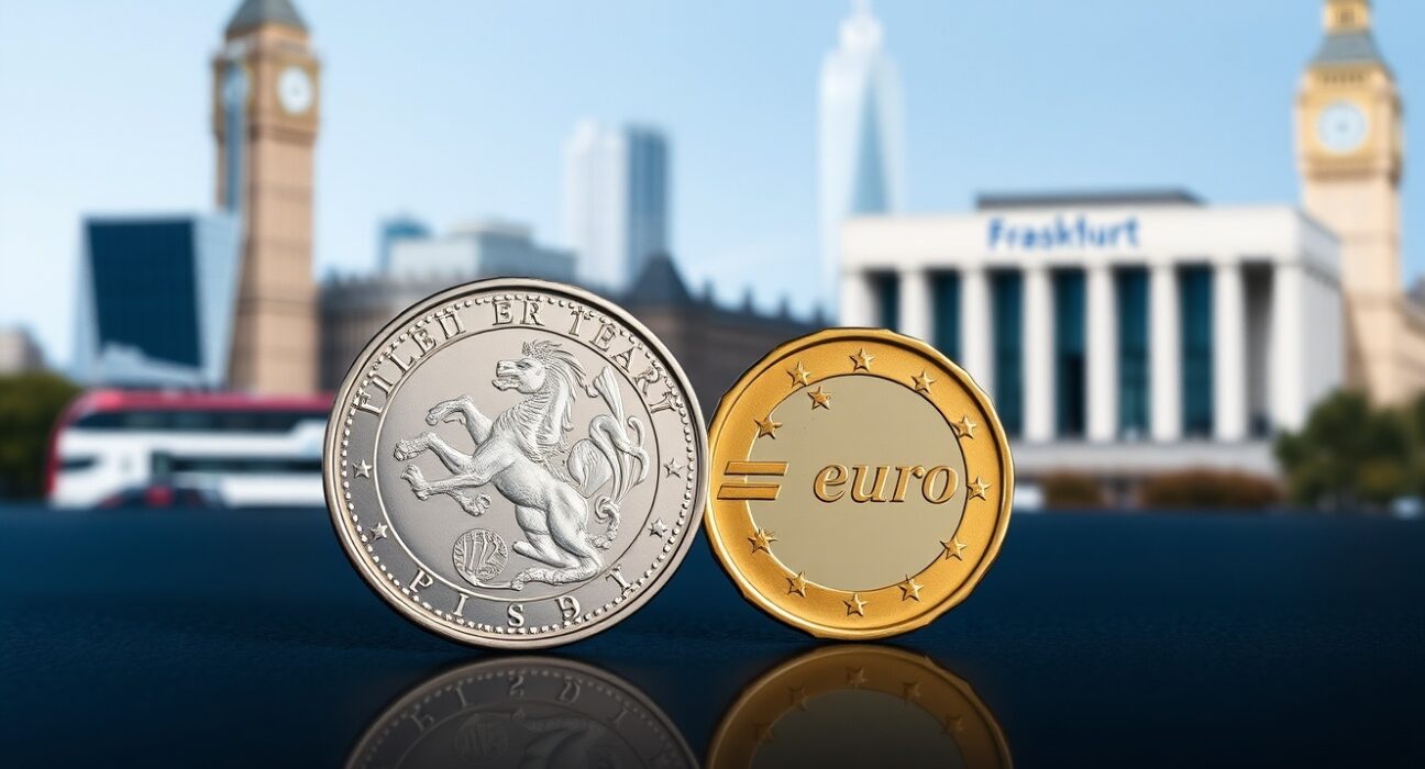 EUR/GBP currency pair coins representing political uncertainty and risk premium analyzed by Deutsche Bank.