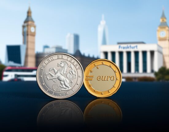 EUR/GBP currency pair coins representing political uncertainty and risk premium analyzed by Deutsche Bank.