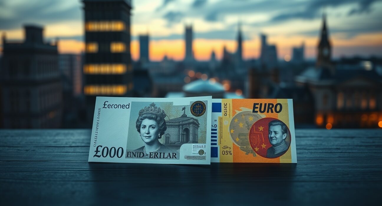 British Pound and Euro banknotes on desk with cityscape background, representing currency market analysis.