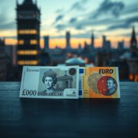 British Pound and Euro banknotes on desk with cityscape background, representing currency market analysis.