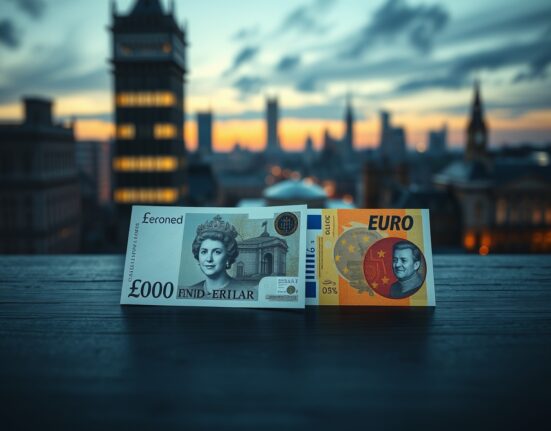 British Pound and Euro banknotes on desk with cityscape background, representing currency market analysis.