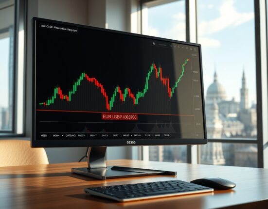 EUR/GBP forex chart analysis showing price rejection at the 0.8700 resistance level on a London trading desk.