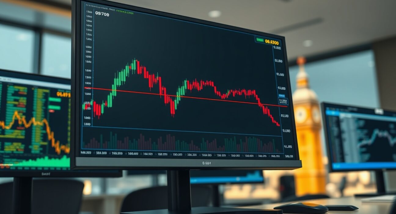EUR/GBP forex chart analysis showing the euro under pressure below 0.8700 on a trading desk monitor.