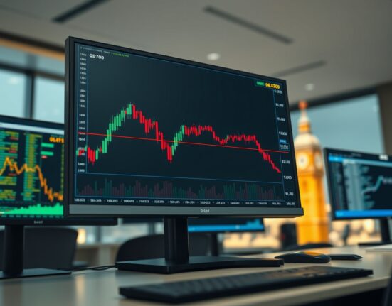 EUR/GBP forex chart analysis showing the euro under pressure below 0.8700 on a trading desk monitor.