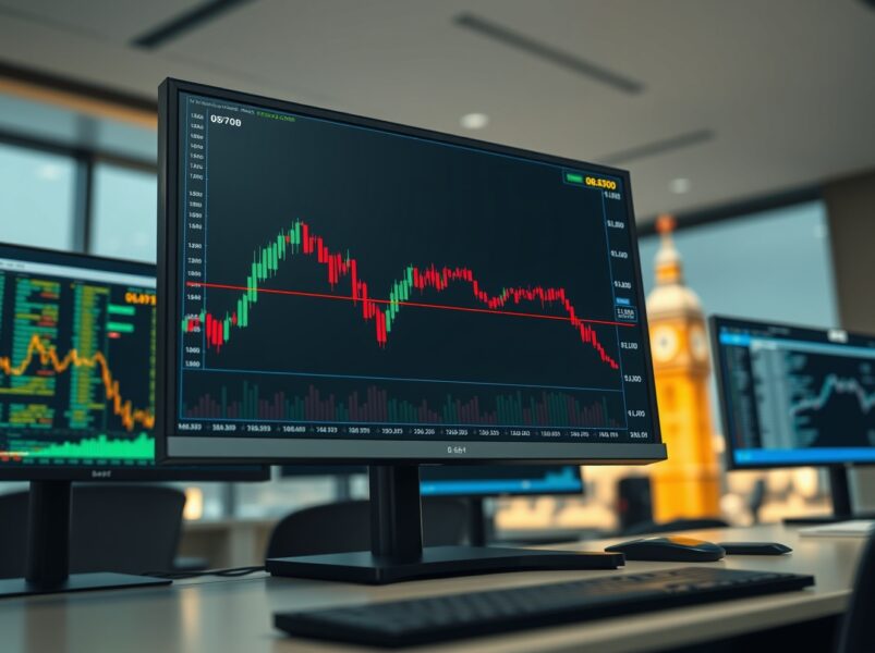 EUR/GBP forex chart analysis showing the euro under pressure below 0.8700 on a trading desk monitor.
