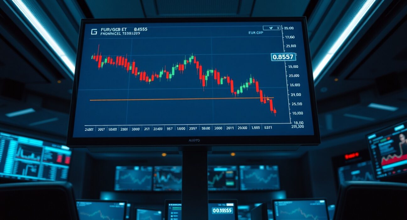 EUR/GBP candlestick chart showing bearish momentum near 0.8565 on a trading desk monitor