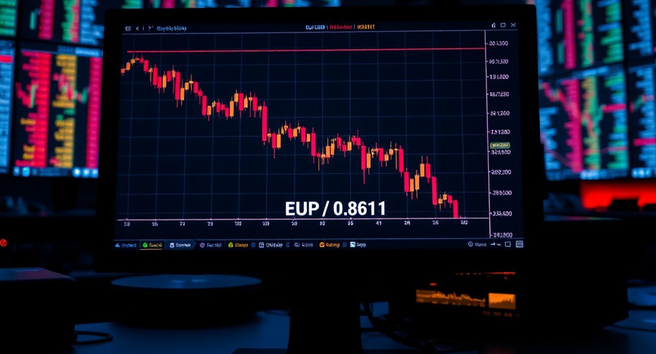 EUR/GBP currency chart showing price approaching 0.8611 low on a trading screen