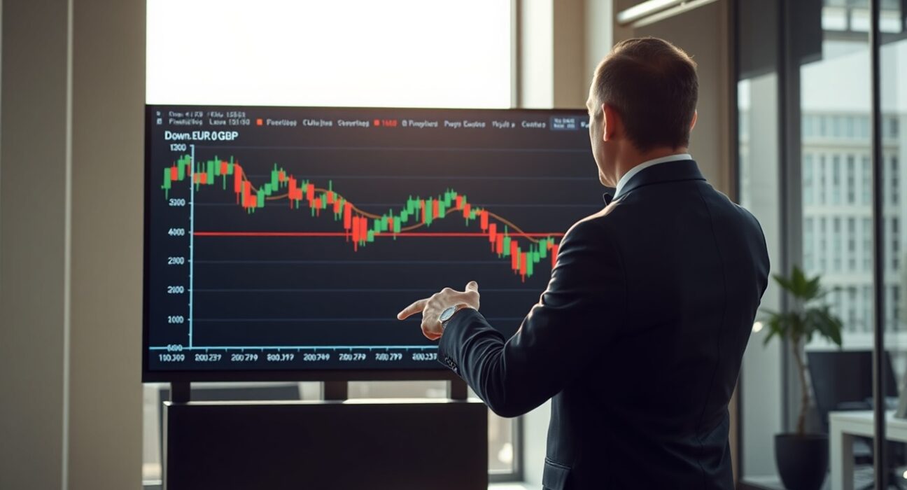 Financial analyst pointing at EUR/GBP bearish chart on digital screen with 0.8600 level marked