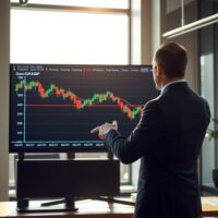Financial analyst pointing at EUR/GBP bearish chart on digital screen with 0.8600 level marked