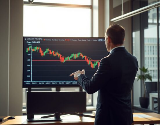 Financial analyst pointing at EUR/GBP bearish chart on digital screen with 0.8600 level marked