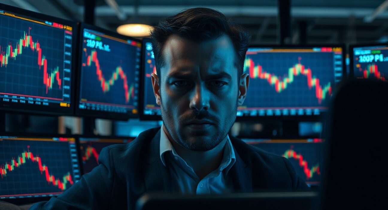 Trader analyzing bearish EUR/GBP candlestick charts on multiple monitors in a dimly lit trading room