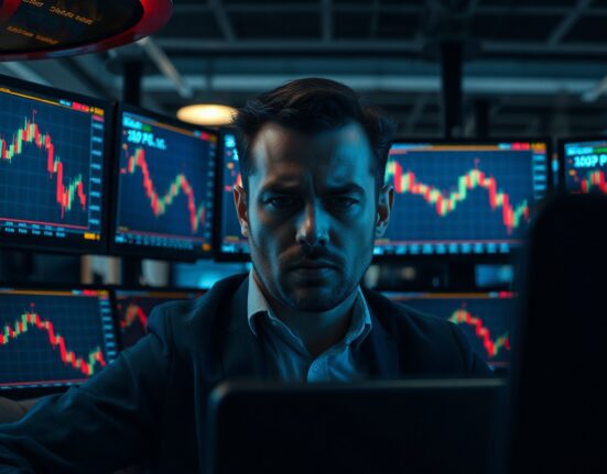 Trader analyzing bearish EUR/GBP candlestick charts on multiple monitors in a dimly lit trading room