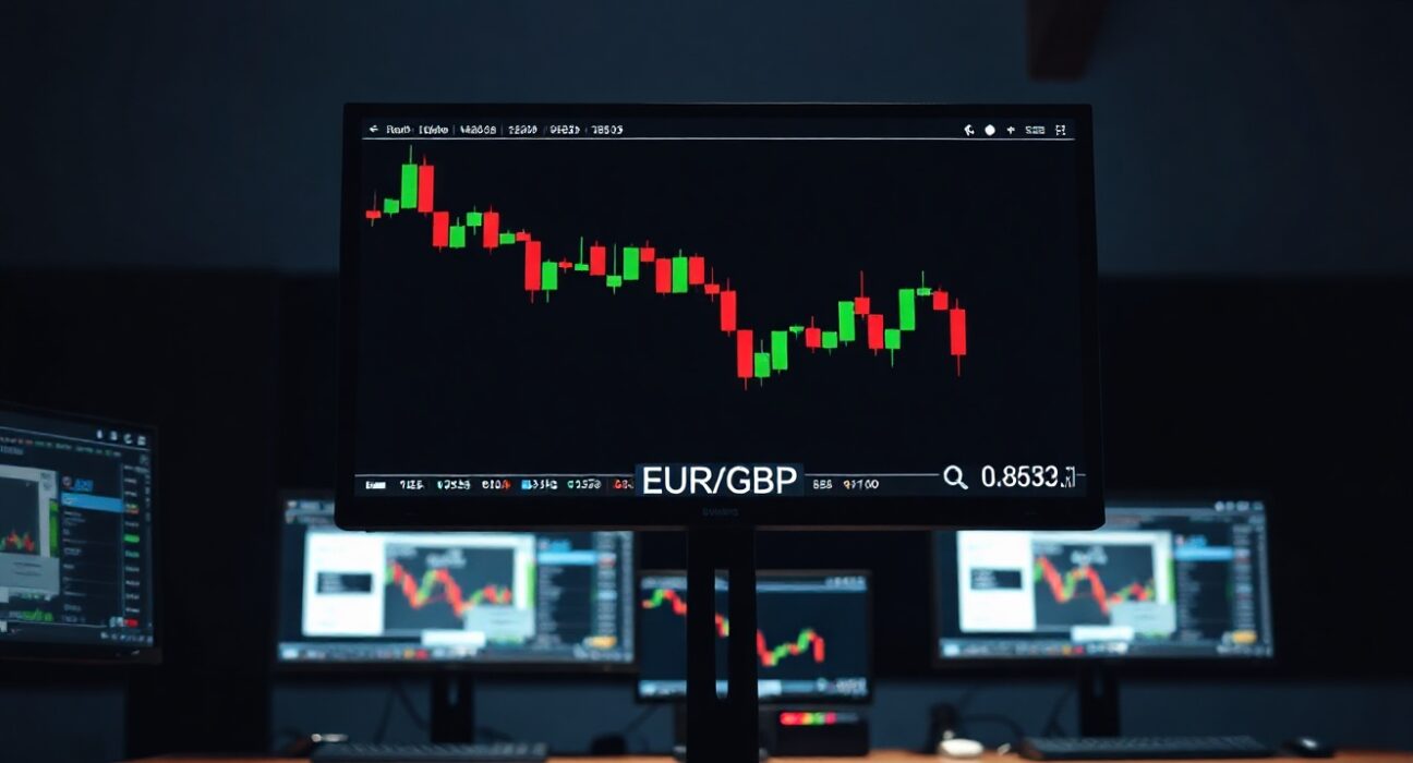 Forex trading monitors displaying EUR/GBP chart with bearish trend near 0.8630 support level