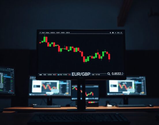 Forex trading monitors displaying EUR/GBP chart with bearish trend near 0.8630 support level