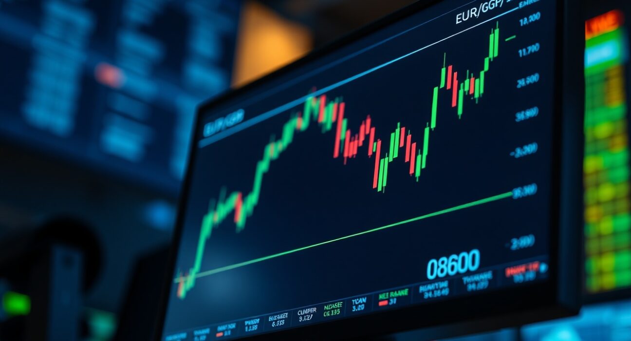 EUR/GBP trading chart showing price action near the 0.8600 support level on a digital screen