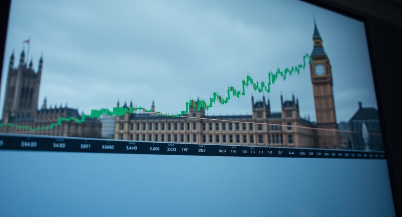 EUR/GBP candlestick chart approaching the 100-day SMA with UK Parliament in blurred background