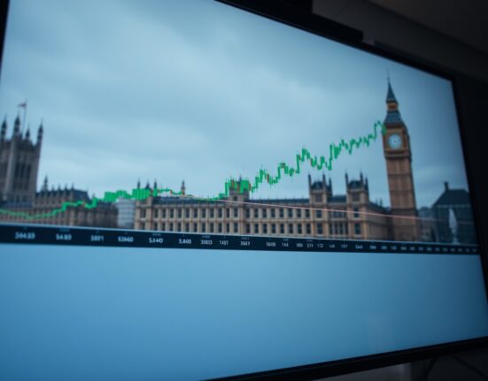 EUR/GBP candlestick chart approaching the 100-day SMA with UK Parliament in blurred background
