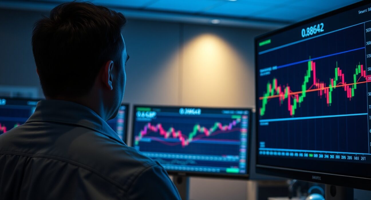 Trader analyzing EUR/GBP charts near 0.8644 resistance level