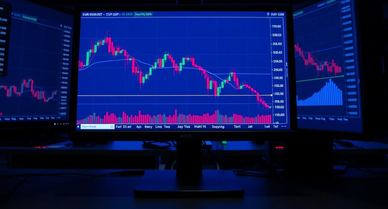 EUR/GBP candlestick chart showing price capped below moving averages during a tentative rebound.