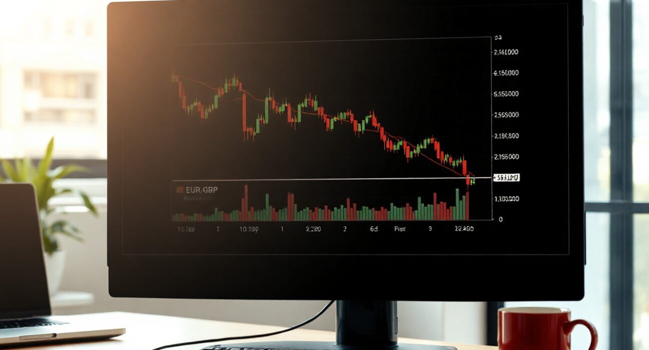 EUR/GBP chart showing price action below 0.8580 resistance level on a trading screen