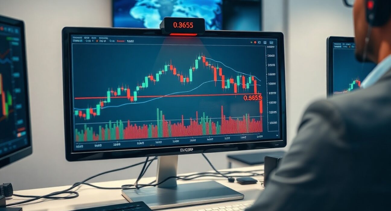 EUR/GBP chart showing resistance at 0.8655 on a trading monitor