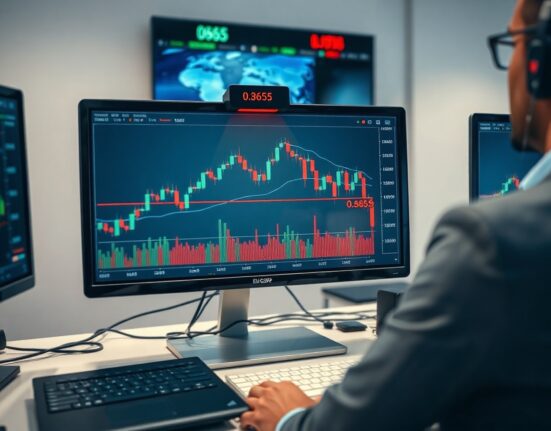 EUR/GBP chart showing resistance at 0.8655 on a trading monitor