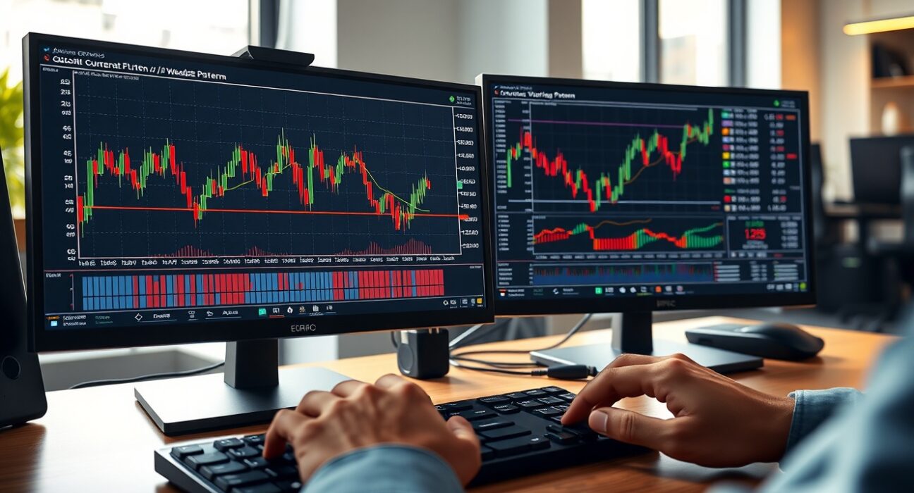 EUR/GBP trading analysis showing wedge pattern formation on professional trading desk monitors