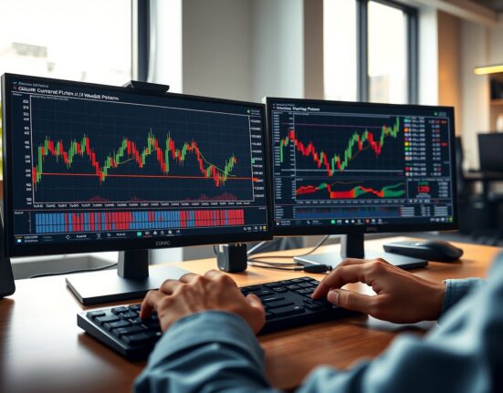 EUR/GBP trading analysis showing wedge pattern formation on professional trading desk monitors