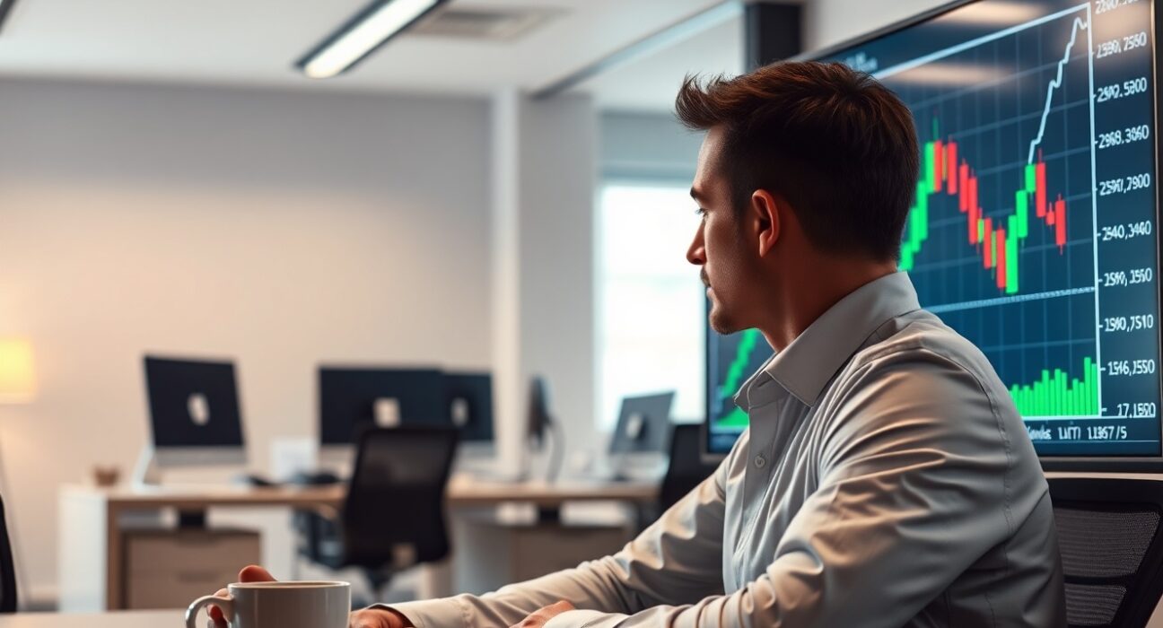 Financial analyst monitoring EUR/GBP chart on screen in modern office