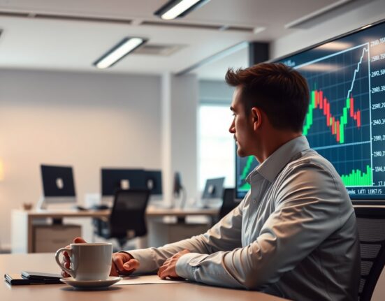 Financial analyst monitoring EUR/GBP chart on screen in modern office