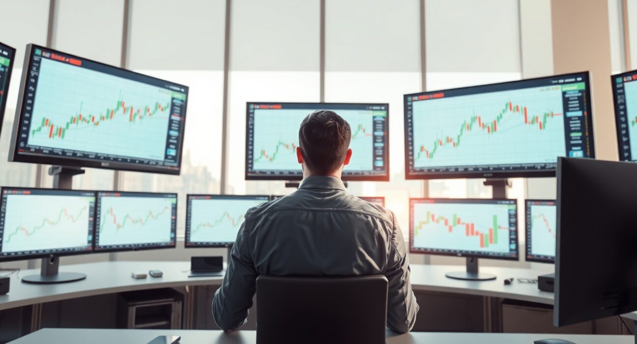 Financial analyst monitoring EUR/GBP exchange rate charts showing upward movement amid Bank of England policy speculation.