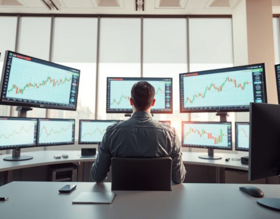 Financial analyst monitoring EUR/GBP exchange rate charts showing upward movement amid Bank of England policy speculation.