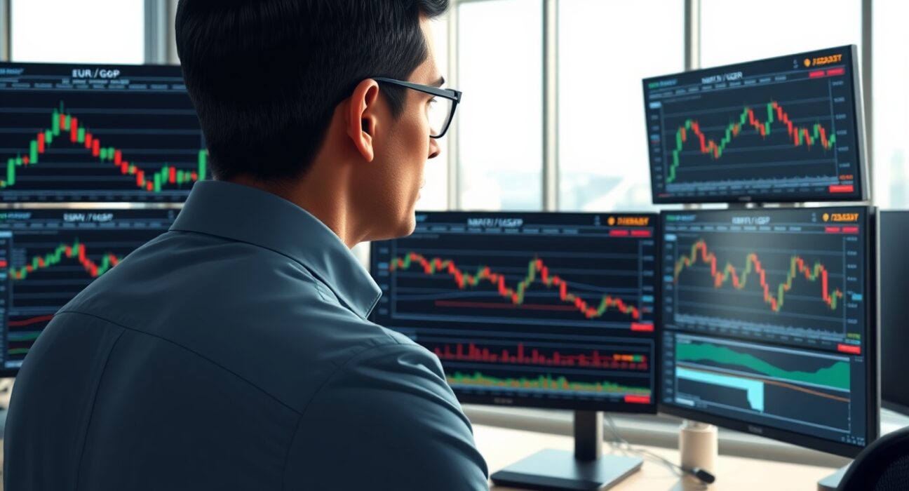 Professional analyst examining EUR/GBP technical charts with moving average indicators in trading environment