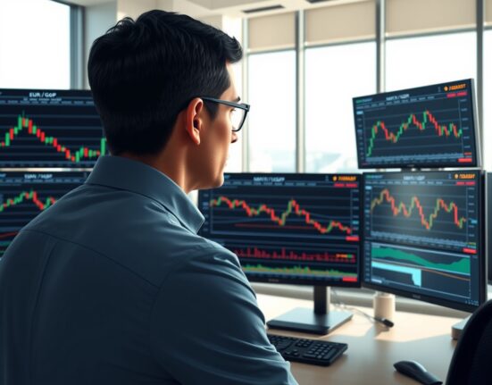 Professional analyst examining EUR/GBP technical charts with moving average indicators in trading environment