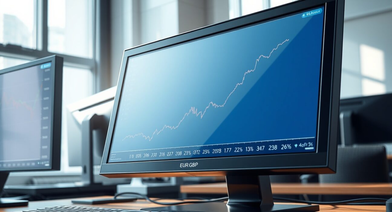 EUR/GBP currency pair chart showing recovery on a financial trading terminal with energy market data in the background.