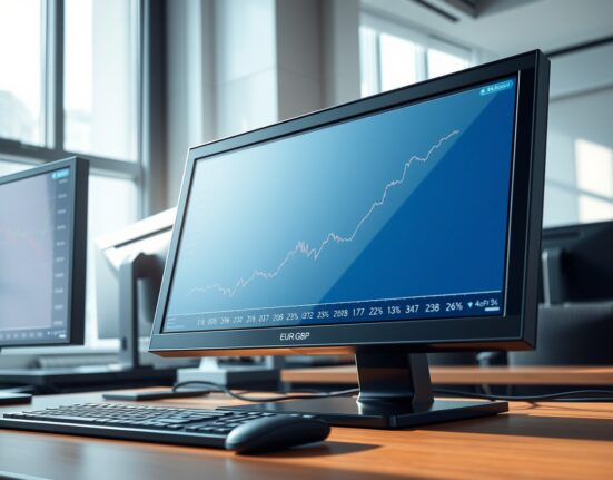 EUR/GBP currency pair chart showing recovery on a financial trading terminal with energy market data in the background.