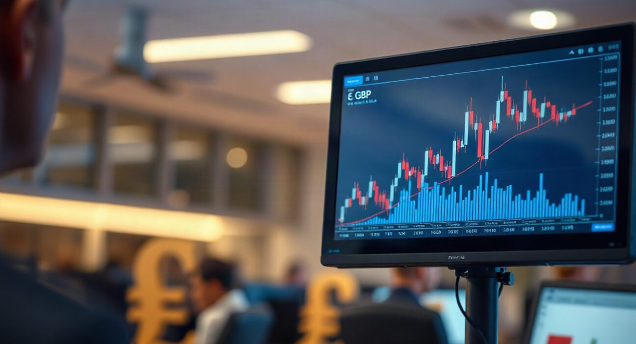Trading screen showing EUR/GBP chart with Euro and British Pound symbols in background