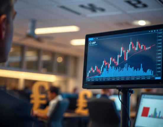 Trading screen showing EUR/GBP chart with Euro and British Pound symbols in background