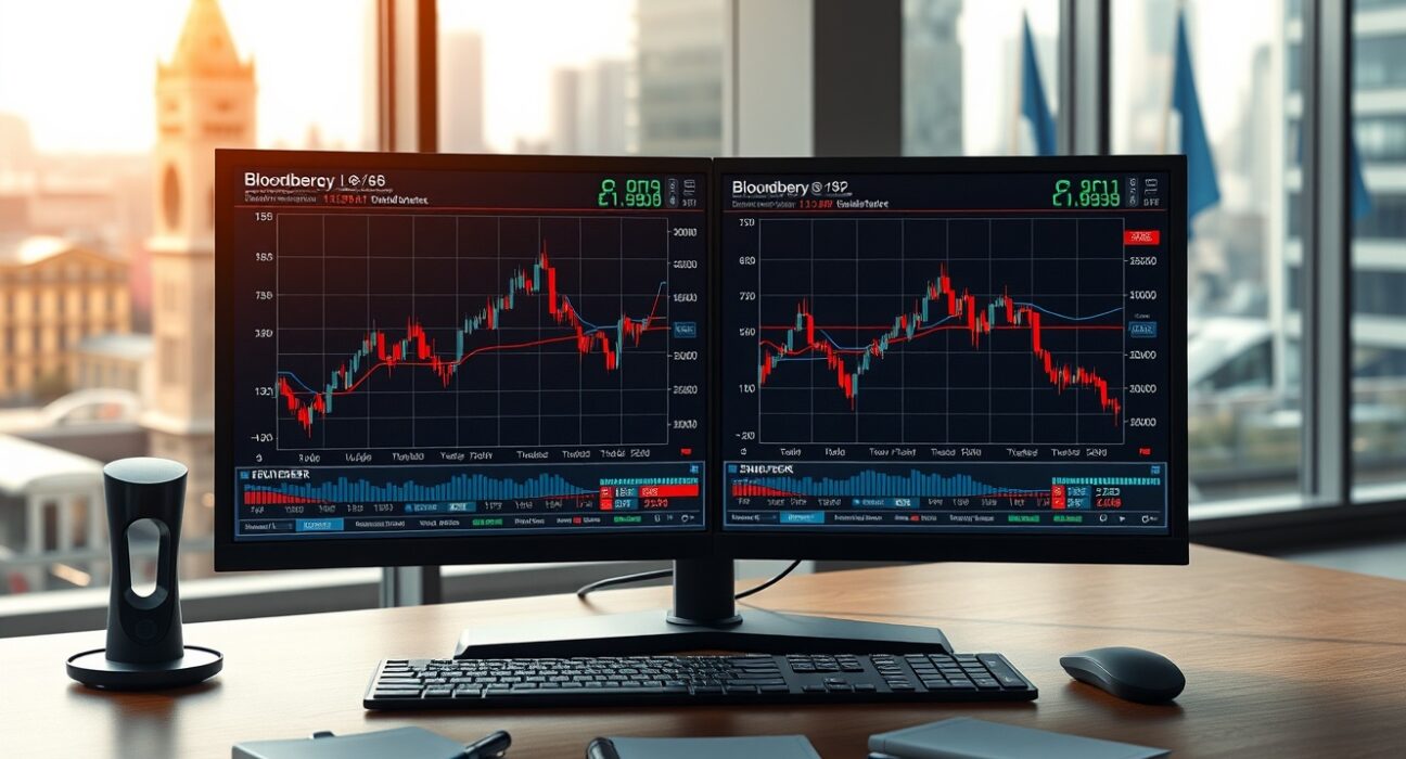 EUR/GBP exchange rate analysis on trading terminal showing currency movement between Eurozone and UK.
