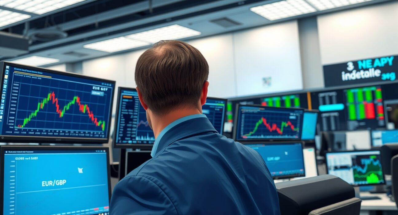 Trader analyzing EUR/GBP exchange rate charts amid Iran nuclear deal negotiations