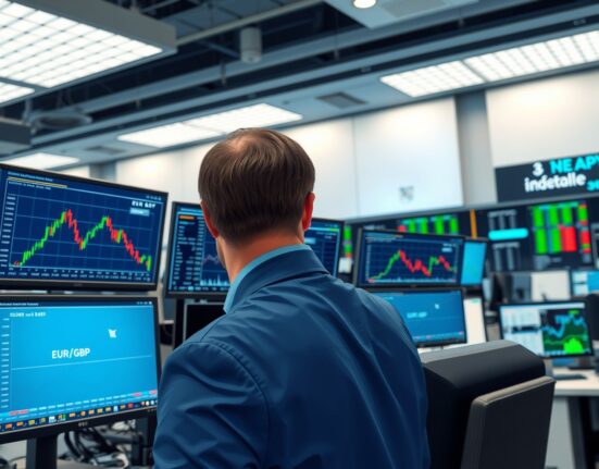 Trader analyzing EUR/GBP exchange rate charts amid Iran nuclear deal negotiations