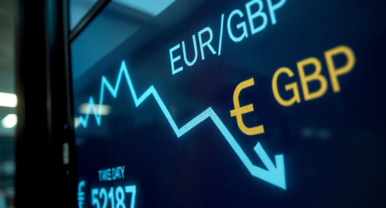 EUR/GBP exchange rate chart showing a downward trend on a trading screen