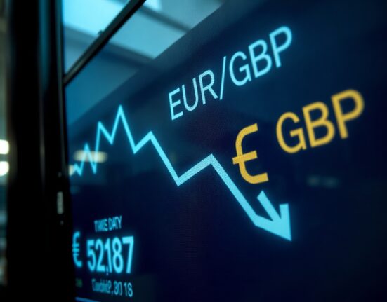 EUR/GBP exchange rate chart showing a downward trend on a trading screen