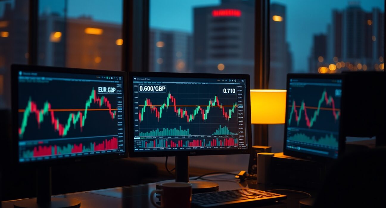 Forex trading monitors displaying EUR/GBP chart with steady price action near 0.8650